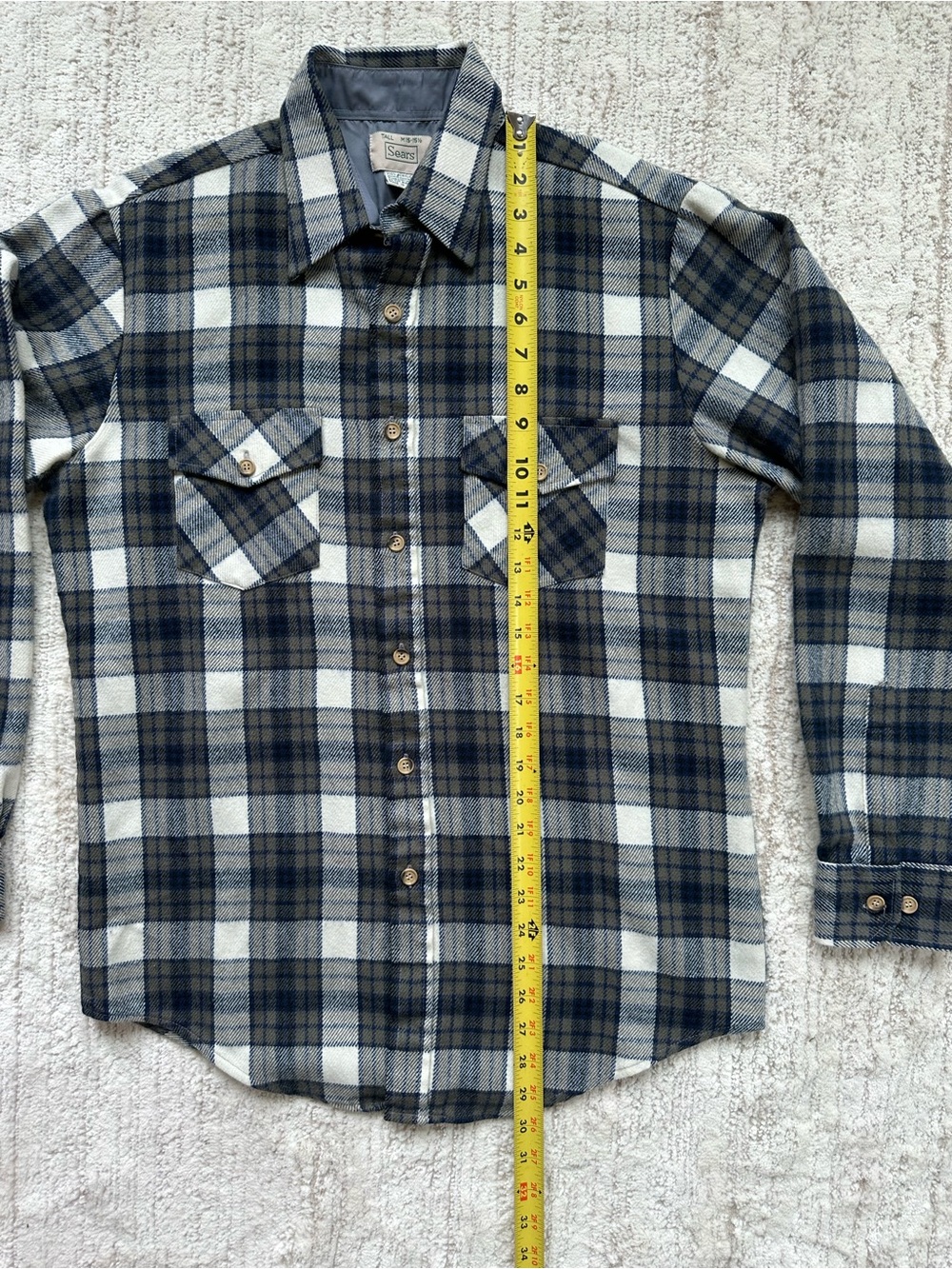Vintage Sears Flannel Button Down Shirt MEDIUM TALL 15-15 1/2 Plaid 100% Acrylic - Picture 8 of 10
